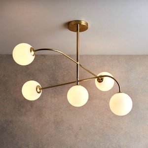 Brushed Brass Plate Otto Five Light Semi, Gloss White Glass