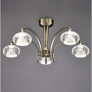 Bronze Ripple Five Light Ceiling Pendant, Clear Ribbed Glass Shades